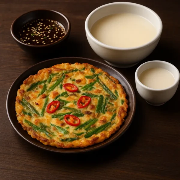 Seoul Autumn Hiking — a warm Korean meal of crispy pajeon and a bowl of makgeolli served on a rustic wooden table after mountain trekking.
