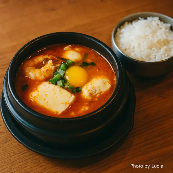 Seoul Autumn Hiking — a steaming bowl of Korean seafood sundubu jjigae with clams, shrimp, and tofu, served with rice after hiking in Seoul.