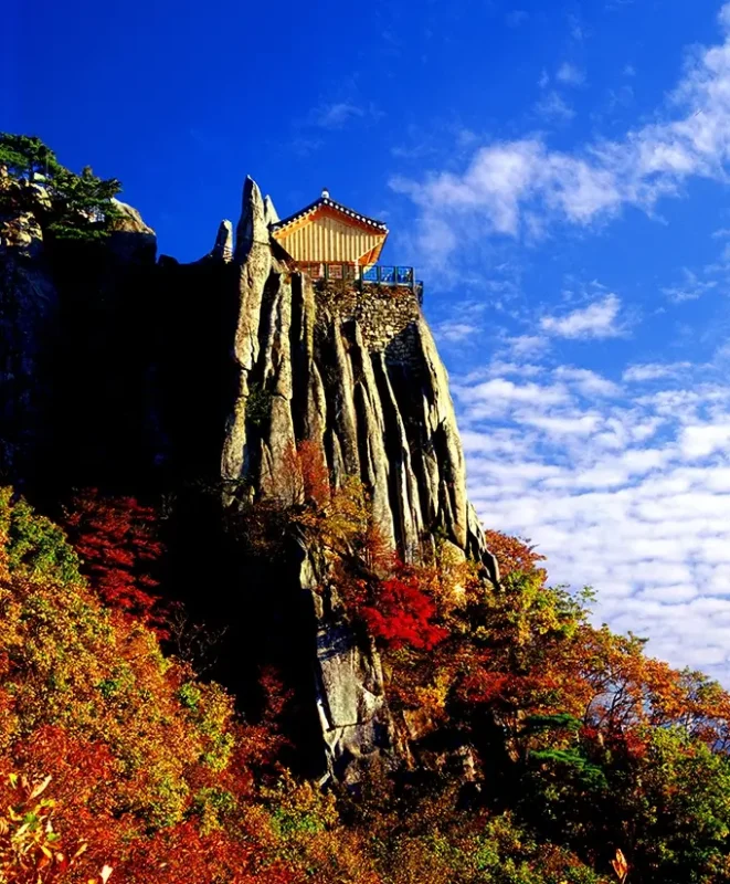 Seoul Autumn Hiking Gwanaksan— panoramic view from Gwanaksan Yeonjudae Hermitage in Gwacheon, with golden maple trees and a clear view of Seoul city.