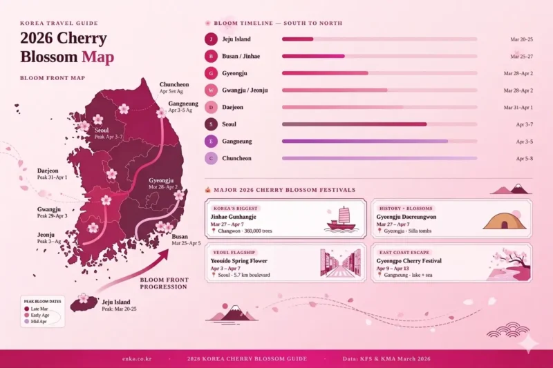 2026 Korea Cherry Blossom Festivals, 2026 Korea cherry blossom timeline map from Jeju to Seoul